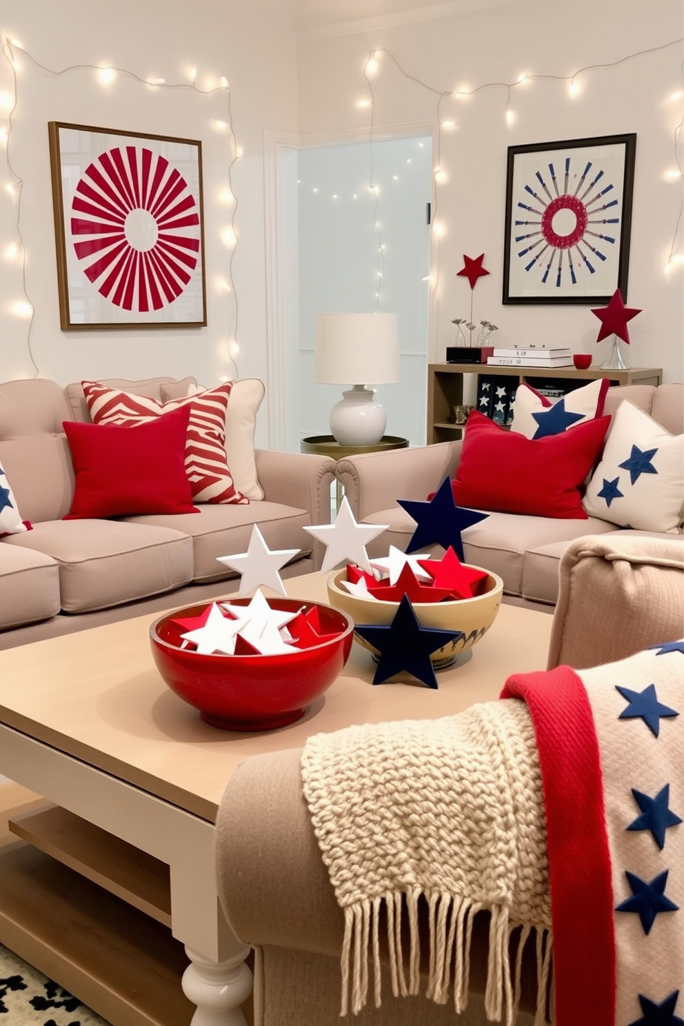 A festive living room setting for Independence Day. Decorative bowls filled with stars in red white and blue are placed on a coffee table surrounded by plush seating. The walls are adorned with patriotic artwork and string lights. A cozy throw blanket in a star pattern drapes over the arm of a sofa inviting relaxation and celebration.