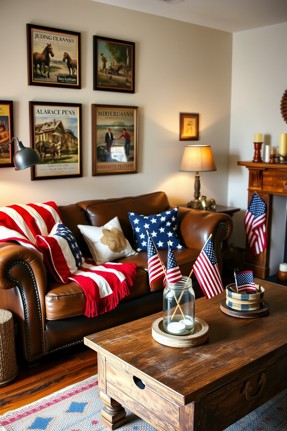 A cozy living room adorned with vintage Americana decor celebrating Independence Day. The space features a distressed leather sofa draped with a red white and blue throw blanket and a collection of star spangled cushions. On the walls, framed vintage posters of classic Americana scenes add character while a wooden coffee table displays a rustic centerpiece of small American flags in a mason jar. The room is illuminated by warm lighting from a vintage-style floor lamp and a collection of candles in patriotic colors on the mantel.