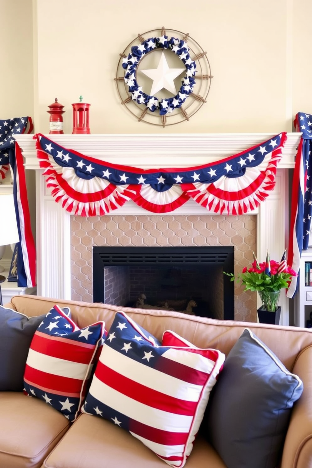 A festive living room setting adorned with red white and blue rugs that celebrate Independence Day. The rugs are layered over a light hardwood floor, creating a cozy atmosphere perfect for gatherings.