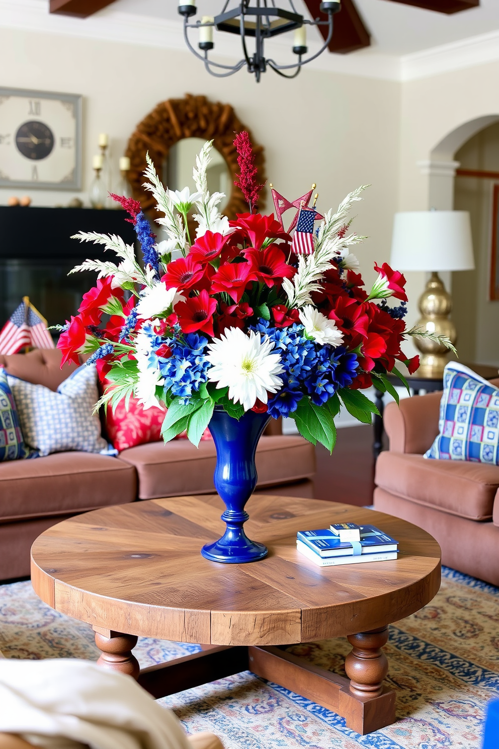 A festive living room adorned with vibrant red white and blue floral arrangements celebrating Independence Day. The arrangements are placed in elegant vases on a rustic wooden coffee table surrounded by plush seating in coordinating colors.