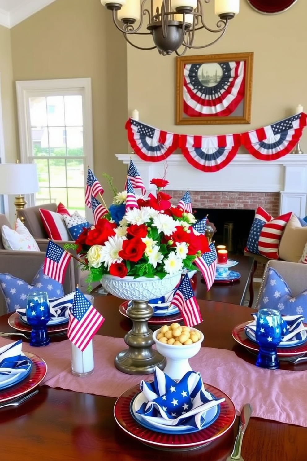 Independence Day themed candle arrangements featuring an assortment of red white and blue candles of varying heights arranged on a rustic wooden tray. Surrounding the candles are small American flags and sparklers adding a festive touch to the display. Independence Day living room decorating ideas include draping a patriotic bunting across the mantel and placing vibrant throw pillows with stars and stripes on the sofa. A large centerpiece with fresh flowers in red white and blue colors sits on the coffee table enhancing the celebratory atmosphere.