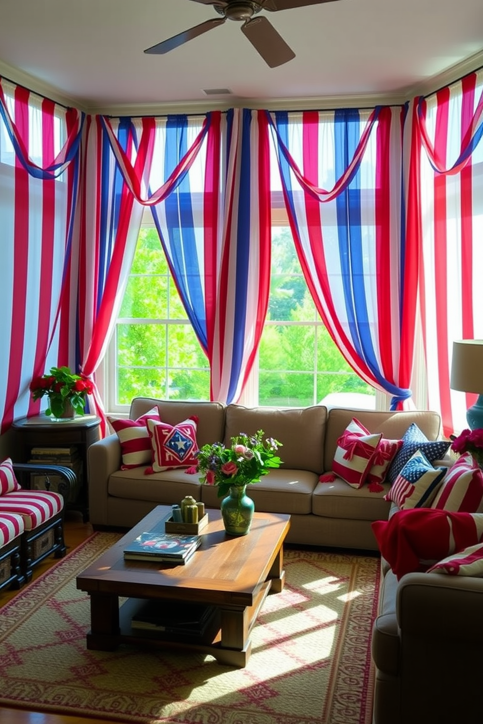 A vibrant living room adorned with striped curtains in red, white, and blue that billow gently in the summer breeze. The space features a comfortable sectional sofa with coordinating throw pillows, a rustic coffee table, and festive decor celebrating Independence Day.