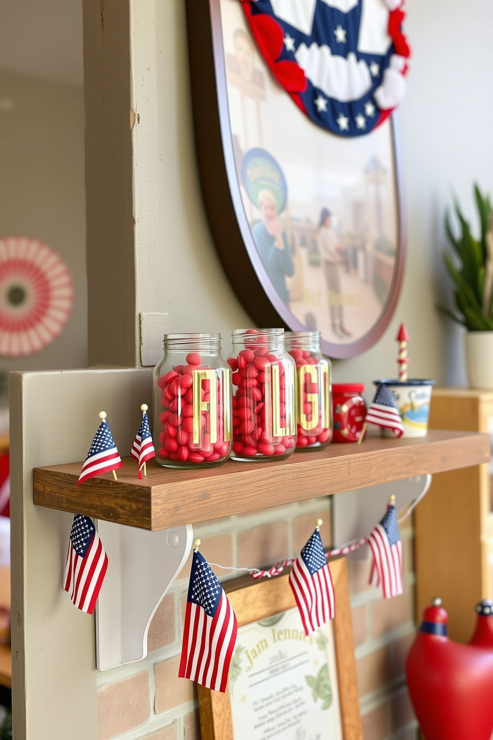 A festive loft decorated for Independence Day with star spangled bunting draped across large windows. The space features a mix of red white and blue cushions on a modern sofa creating a patriotic yet stylish atmosphere.