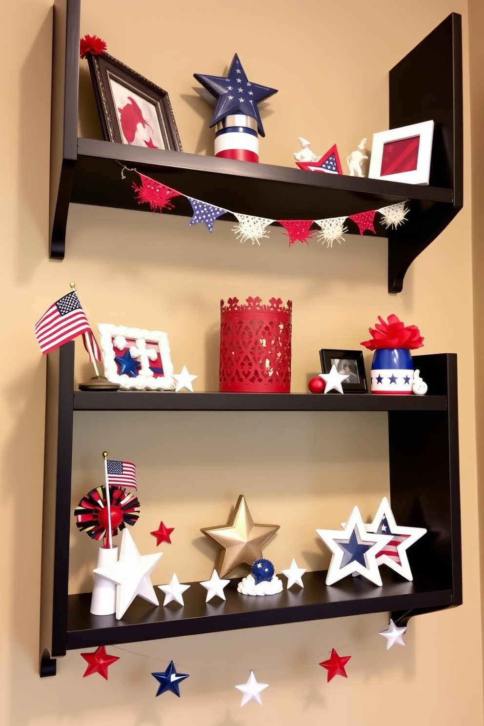 Wall-mounted shelves are adorned with themed decor celebrating Independence Day. Red white and blue accents along with miniature flags and star-shaped ornaments create a festive atmosphere.