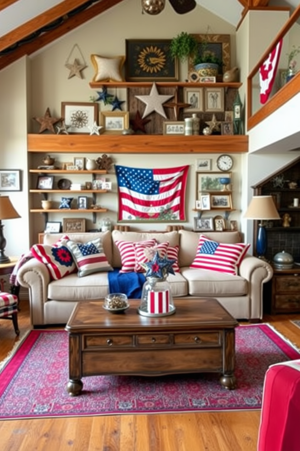 A cozy loft living room decorated for Independence Day features a large sofa adorned with vibrant patriotic quilts in red, white, and blue. The walls are lined with rustic wooden shelves displaying an array of Americana decor, while a vintage coffee table sits in the center, topped with a festive centerpiece of stars and stripes.