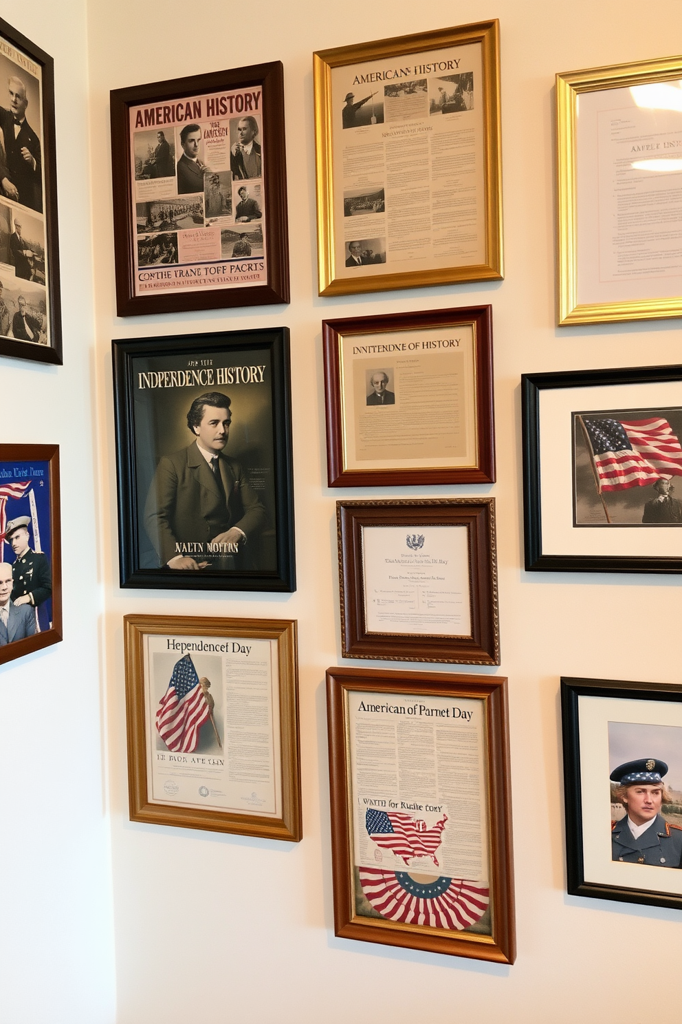 A gallery wall showcasing American history with a focus on Independence Day. The wall is adorned with framed vintage posters, historical documents, and patriotic artwork in a mix of traditional and contemporary frames.