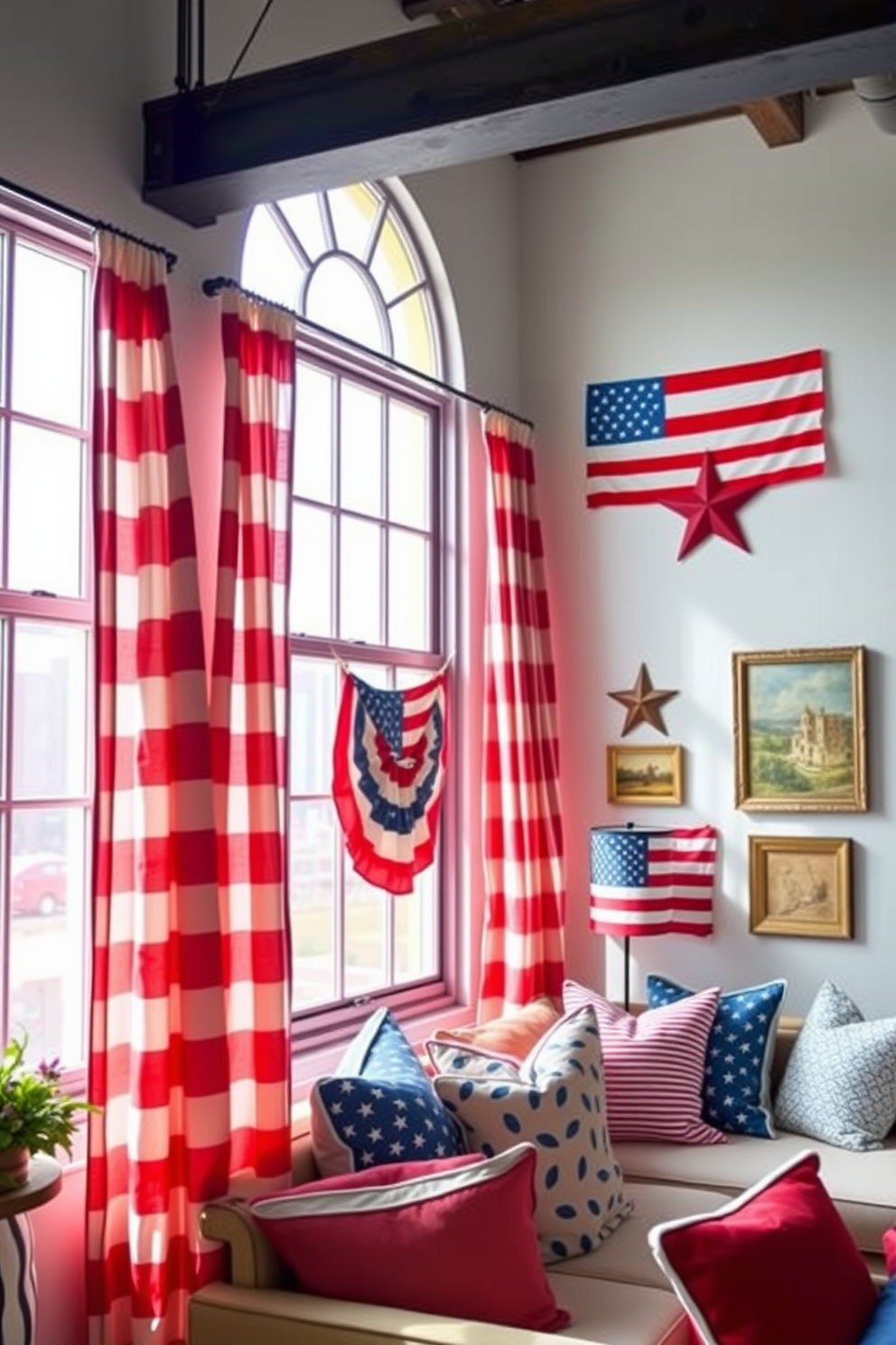 Create a vibrant loft space decorated for Independence Day. Red striped curtains frame large windows, adding a festive touch to the room's airy atmosphere. The walls are adorned with patriotic artwork and vintage American flags. A cozy seating area features a mix of blue and white cushions, inviting relaxation and celebration.