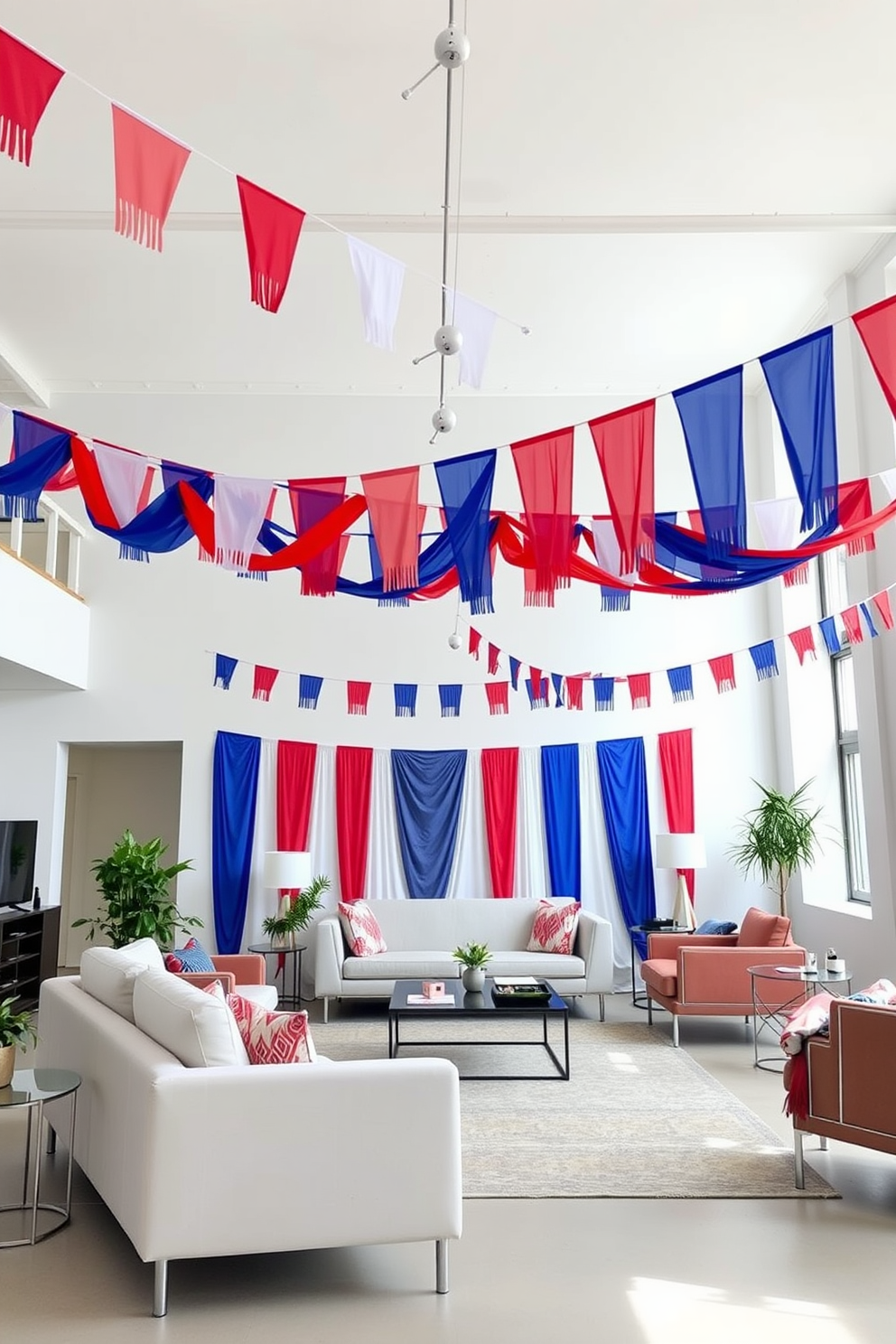 A vibrant loft space adorned with colorful banners draped over contemporary furniture. The walls are painted in a bright white, creating a striking contrast with the bold red, blue, and white hues of the decorations.