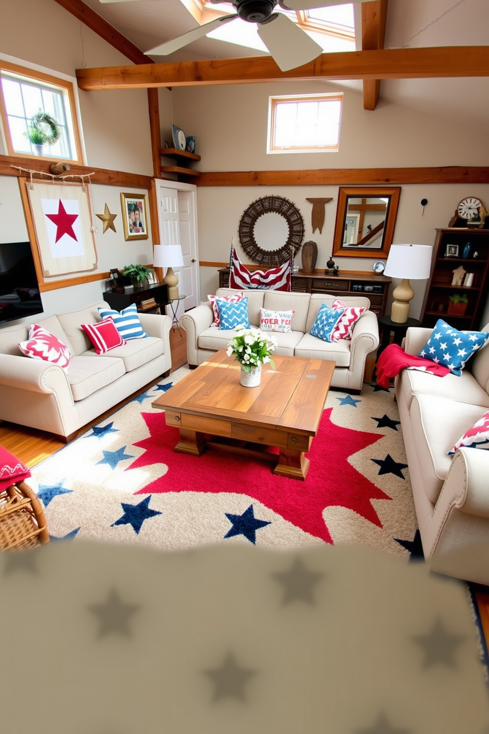 A cozy loft space designed for Independence Day celebrations. The room features a large star patterned rug that anchors the seating area, creating a festive atmosphere. The walls are adorned with red, white, and blue accents, including throw pillows and wall art. A rustic wooden coffee table sits in the center, surrounded by comfortable seating for guests to enjoy.