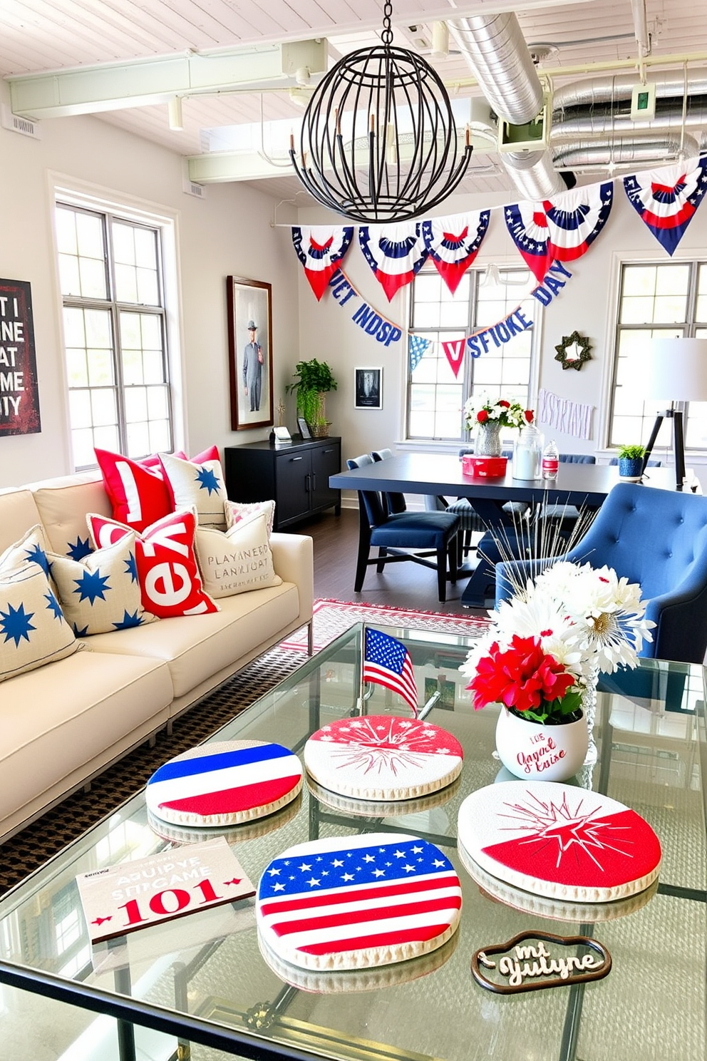 A cozy loft decorated for Independence Day showcases layered rugs in vibrant red, white, and blue hues. The rugs are artfully arranged to create a warm and inviting atmosphere, complementing the modern furnishings in the space.