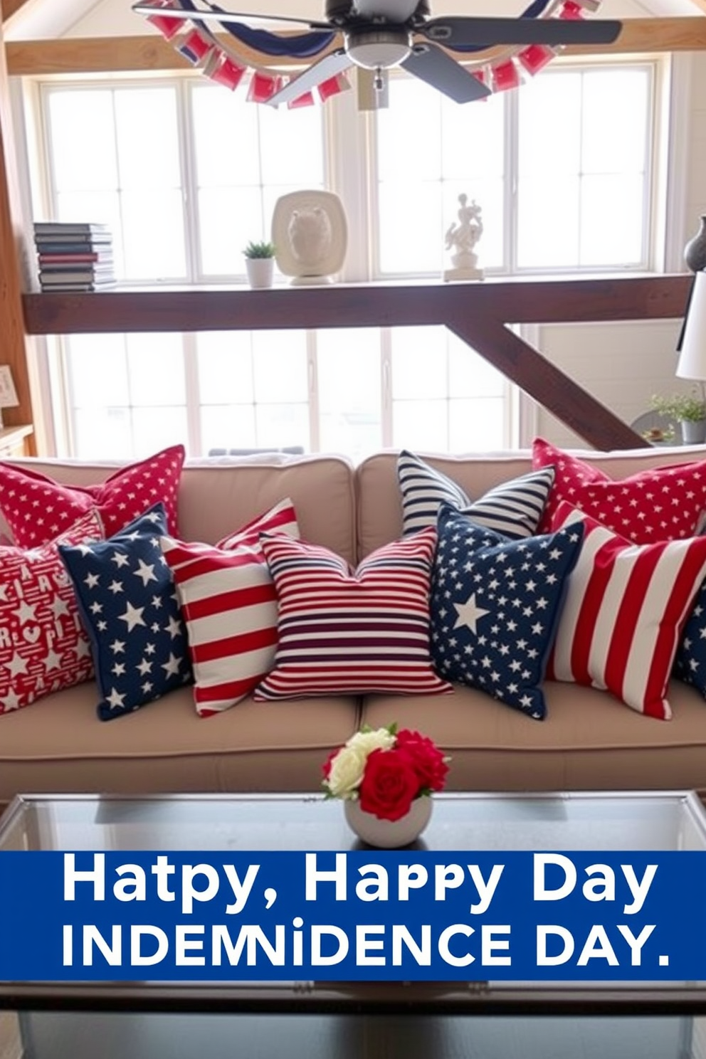 A beautifully arranged table set for an Independence Day celebration. Themed dinnerware features red, white, and blue colors, with star-patterned plates and matching napkins elegantly folded. Centerpiece includes a vibrant bouquet of red and white flowers in a blue vase. Surrounding the table are rustic wooden chairs that complement the festive decor.