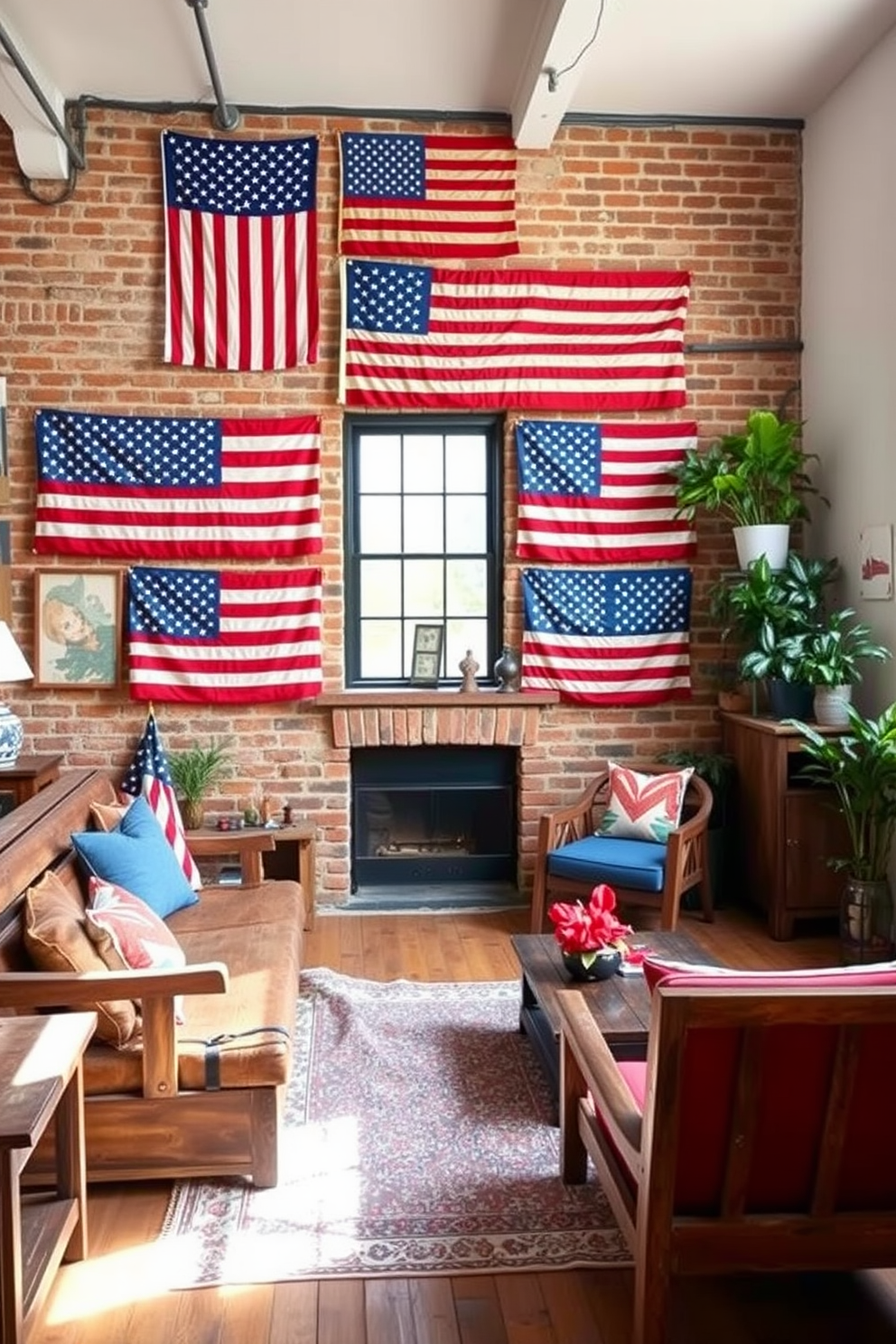 A cozy loft space adorned with vintage American flags as wall art creates a festive atmosphere for Independence Day. The flags are arranged in a gallery style on the exposed brick wall, complemented by rustic wooden furniture and soft lighting.