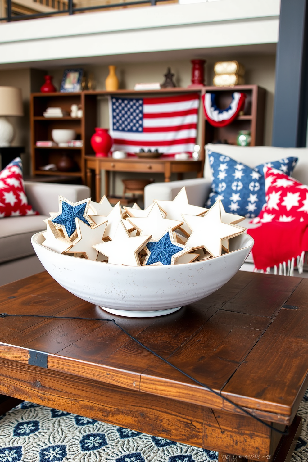 Create a stylish loft space for Independence Day featuring decorative bowls filled with stars. The bowls should be placed on a rustic wooden coffee table surrounded by comfortable seating and festive red white and blue accents.