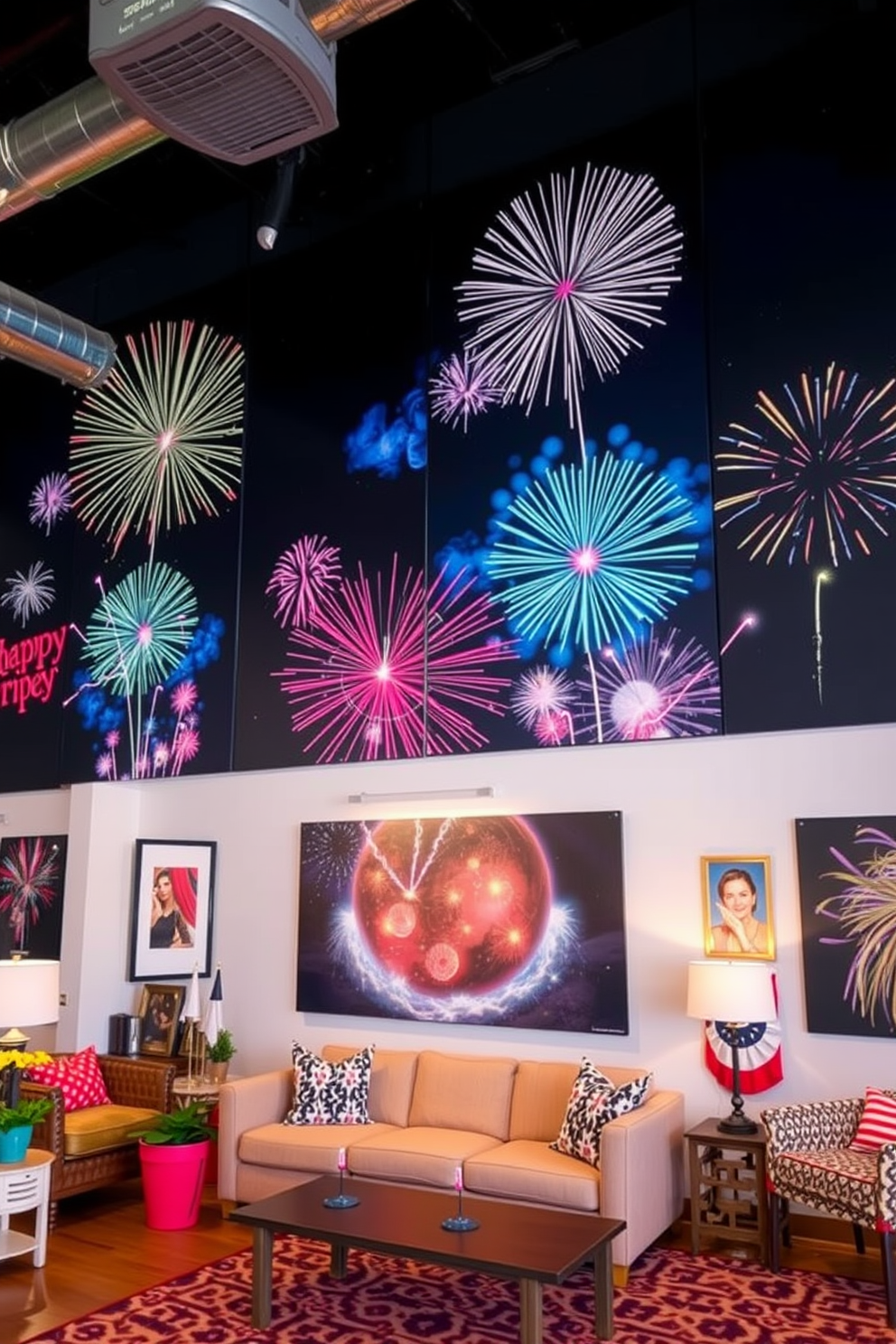 A vibrant loft space adorned with themed artwork celebrating Independence Day. The walls display large canvases featuring colorful fireworks against a night sky, creating a festive atmosphere.