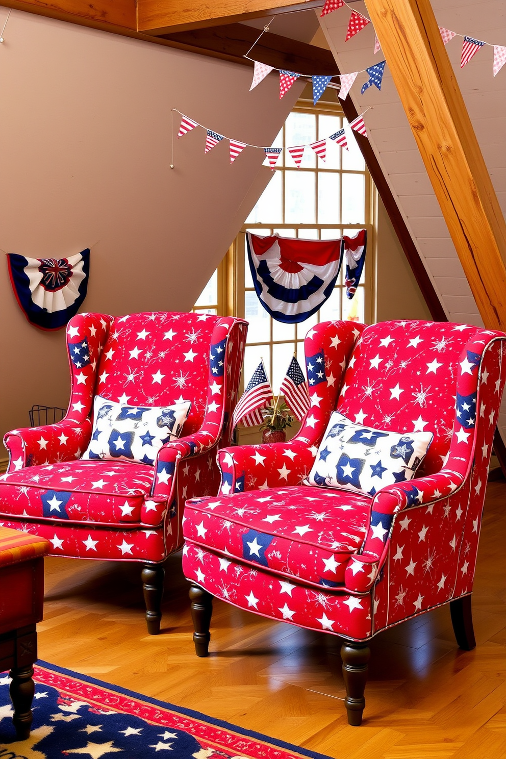 Accent chairs are upholstered in vibrant red, white, and blue fabric featuring stars and stripes. They are positioned in a cozy loft space adorned with festive decorations like bunting and small American flags.