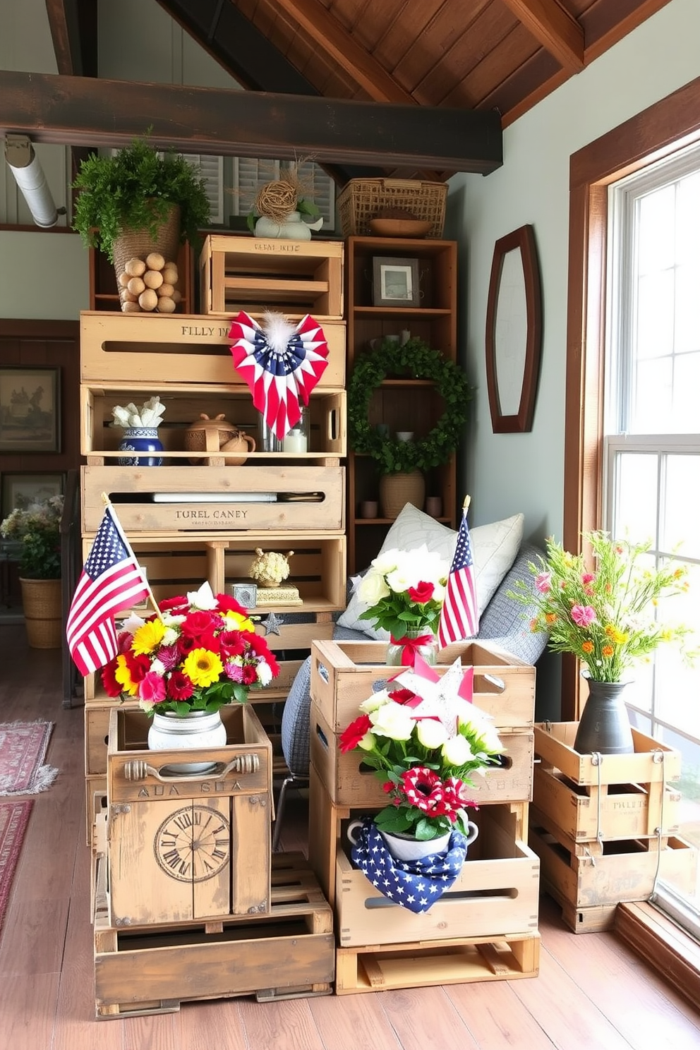 A cozy loft adorned with vintage crates arranged as rustic decor elements. The crates are filled with seasonal flowers and patriotic decorations to celebrate Independence Day.