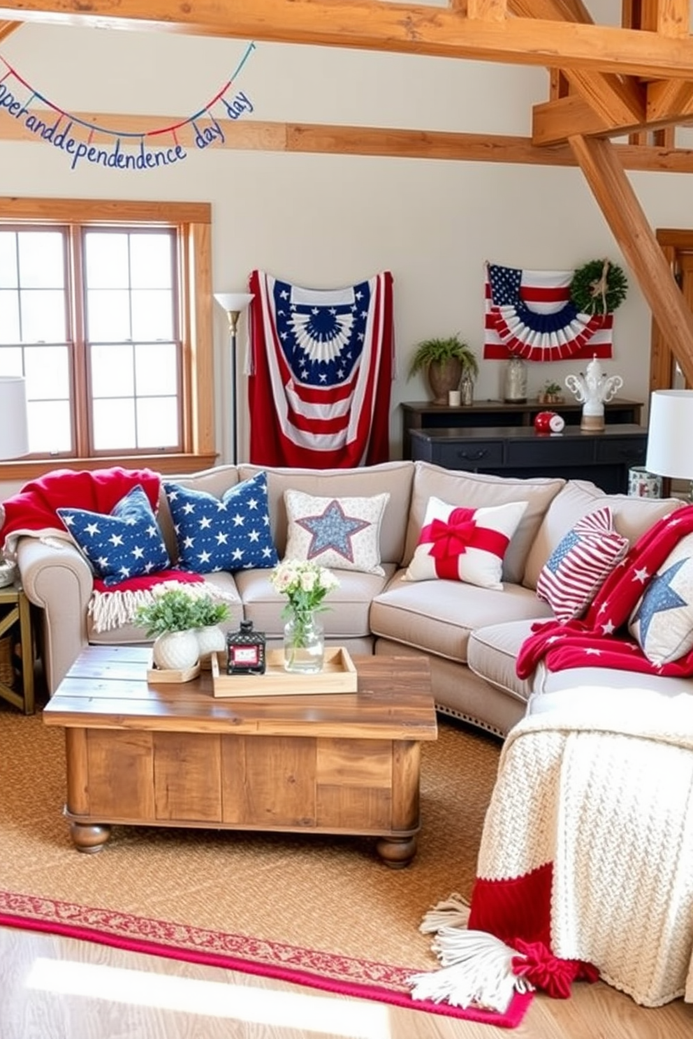 A cozy loft adorned with patriotic themed throw blankets in red white and blue hues. The blankets are draped over a plush sectional sofa complemented by a rustic wooden coffee table and festive decorations celebrating Independence Day.