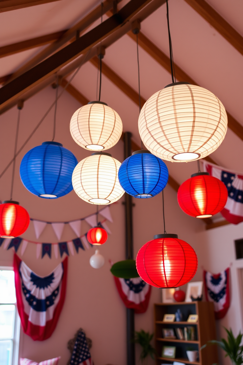 Create a vibrant loft space decorated for Independence Day. The room features hanging paper lanterns in red, white, and blue, casting a warm glow throughout the area.