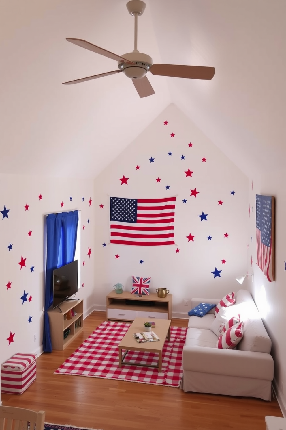 A vintage picnic basket is placed in the corner of the loft, filled with red, white, and blue blankets and decorative items. The basket adds a charming touch to the space, complementing the rustic wooden furniture and exposed brick walls. Colorful bunting and string lights are draped across the ceiling, creating a festive atmosphere. A small table is set nearby with patriotic-themed tableware, inviting guests to gather and celebrate.