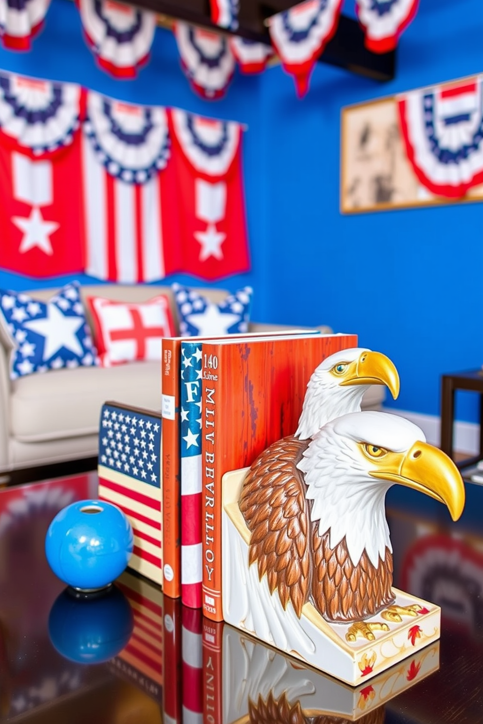 Star shaped coasters for drinks are placed on a rustic wooden coffee table in a cozy loft setting. The table is surrounded by plush seating with red, white, and blue accents, creating a festive atmosphere for Independence Day celebrations. The walls are adorned with vintage American flags and framed photographs of past Independence Day events. Soft lighting from industrial-style pendant lamps enhances the warm and inviting ambiance of the loft.