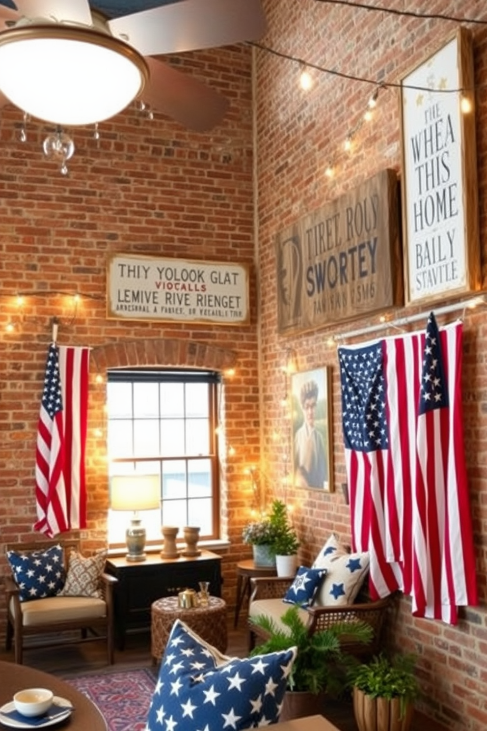 Create a cozy loft space decorated for Independence Day. Incorporate rustic wooden signs featuring patriotic quotes, hung on exposed brick walls, with a backdrop of vintage American flags and warm string lights.