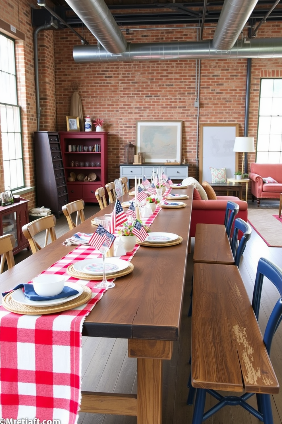 Festive table settings with themed dishes. A long wooden table is adorned with a red and white checkered tablecloth, and patriotic decorations like miniature flags and star-shaped centerpieces. Independence Day Loft Decorating Ideas. The loft features exposed brick walls and industrial lighting, complemented by a mix of vintage and modern furniture in red, white, and blue tones.