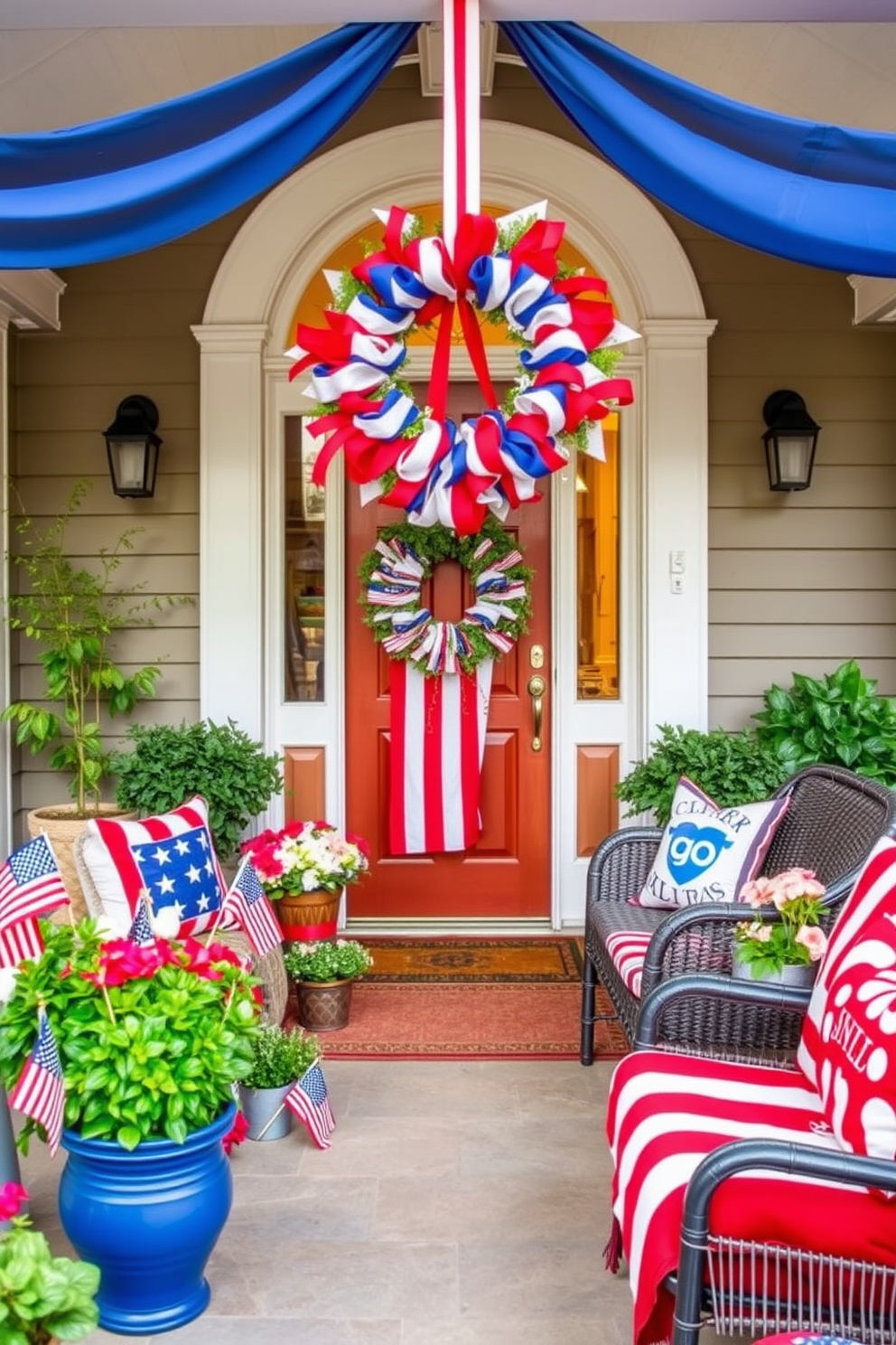 A patriotic wreath adorned with red white and blue ribbons hangs elegantly on the front door creating a warm welcoming atmosphere. The surrounding porch is decorated with potted plants and small American flags adding to the festive spirit of Independence Day. Inside the loft vibrant decorations in shades of red white and blue enhance the patriotic theme. Cozy seating areas are adorned with themed throw pillows and blankets inviting friends and family to celebrate together.