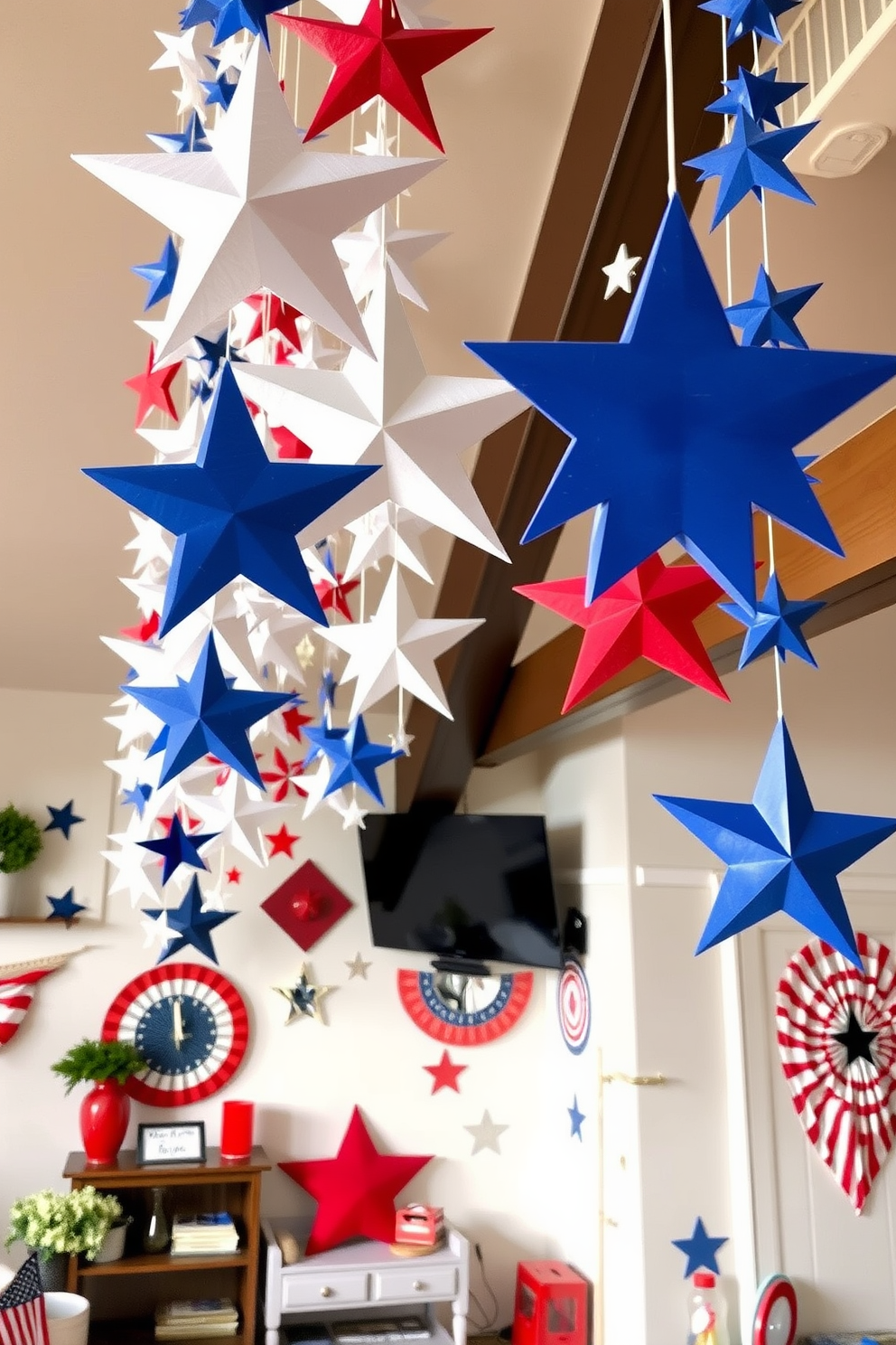 A cozy loft decorated for Independence Day features a collection of DIY star garlands hanging from the ceiling. The walls are adorned with red, white, and blue accents, creating a festive atmosphere perfect for celebrating the holiday.