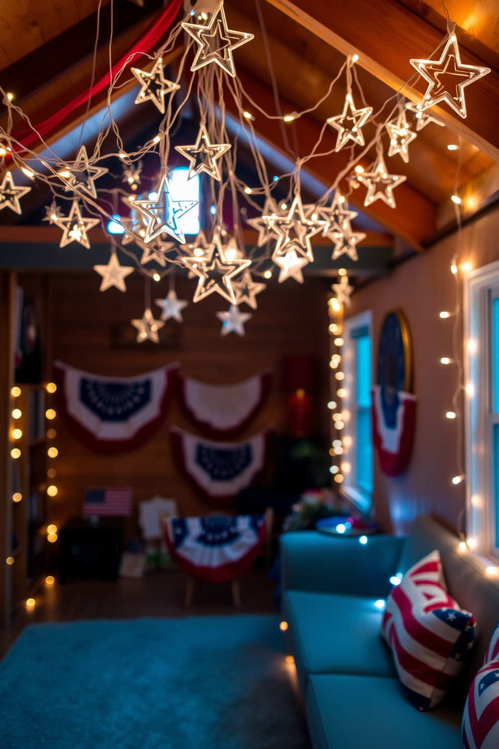 A cozy loft decorated for Independence Day features star shaped fairy lights draped across the ceiling creating a warm ambiance. The walls are adorned with red white and blue decorations while a festive table is set with themed tableware and a centerpiece of flowers.