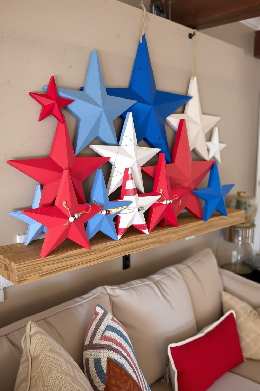 A cozy loft space adorned with Americana inspired decorative signs celebrating Independence Day. The walls are decorated with vintage red white and blue signs featuring stars and stripes alongside rustic wooden accents.