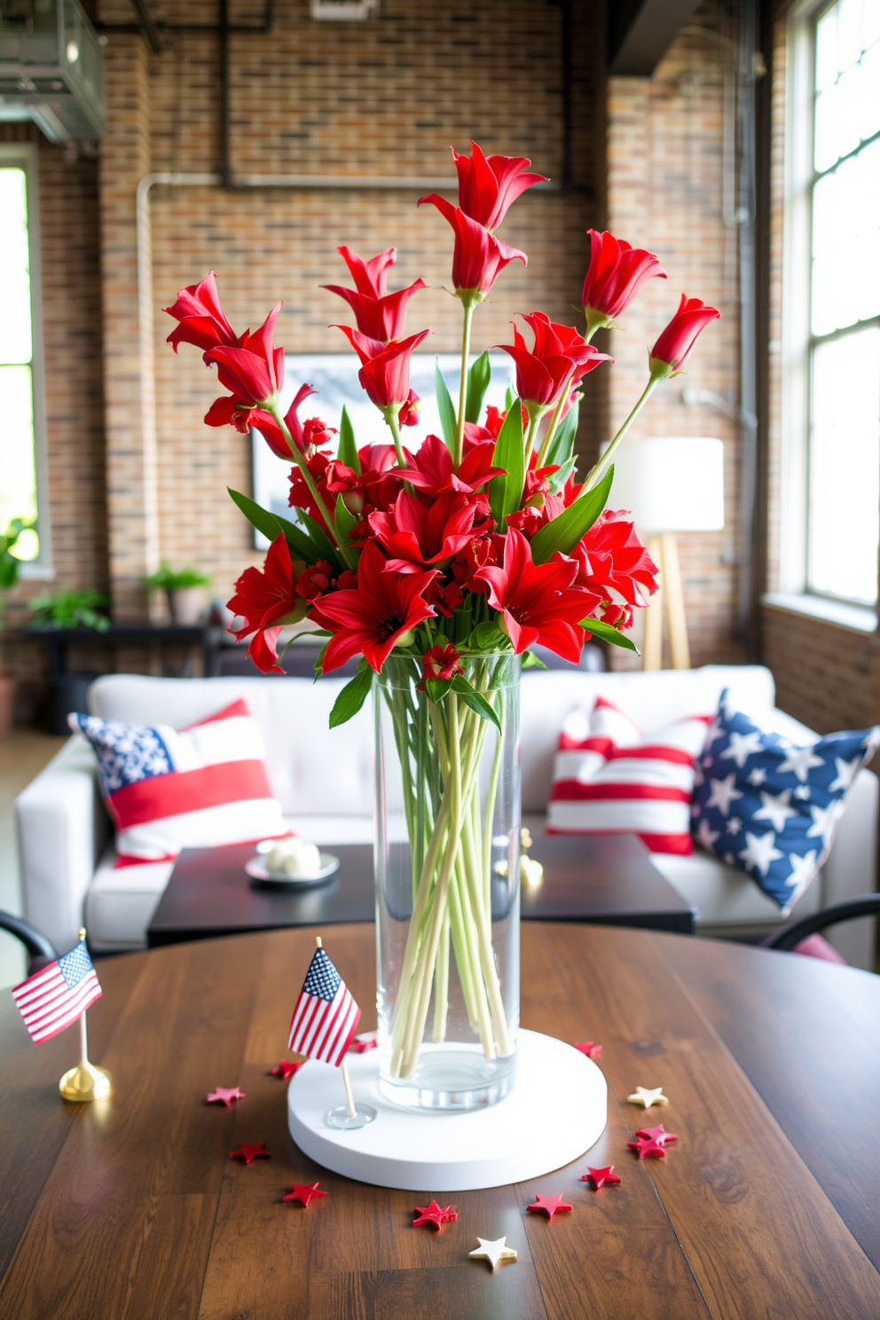 A festive table runner drapes elegantly across a long wooden dining table, adorned with vibrant red, white, and blue patterns that evoke the spirit of Independence Day. Surrounding the table are mismatched chairs, each painted in a different patriotic hue, creating a lively and inviting atmosphere for a celebratory gathering. The loft space features exposed brick walls and large windows that flood the area with natural light, enhancing the festive decor. String lights are hung above the dining area, adding a warm glow to the setting and complementing the playful table runner.