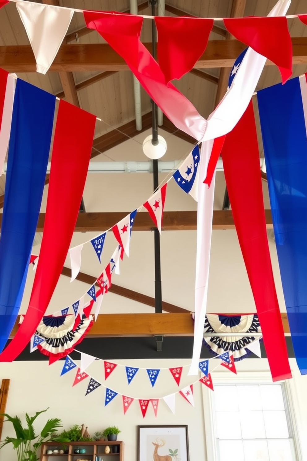 Create a festive loft space decorated for Independence Day. Bunting flags in red white and blue hang from the ceiling creating a vibrant atmosphere.