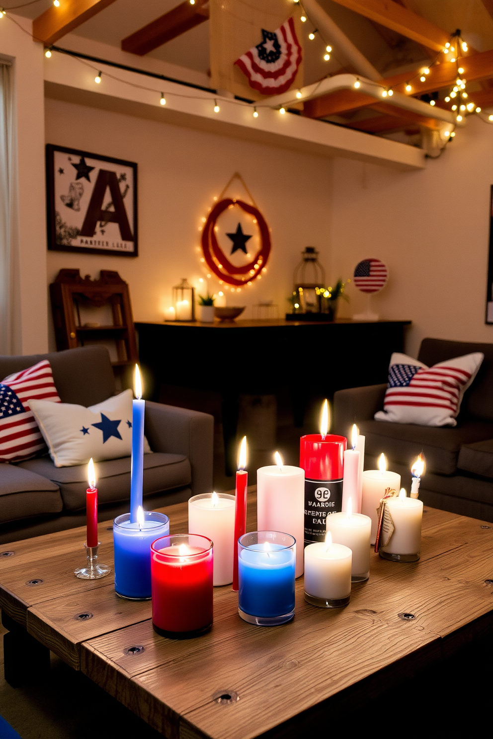 A cozy loft space decorated for Independence Day features a collection of festive candles in red, white, and blue arranged on a rustic wooden coffee table. The warm glow of the candles illuminates the room, complemented by patriotic-themed throw pillows on a plush sofa and string lights draped across the ceiling.