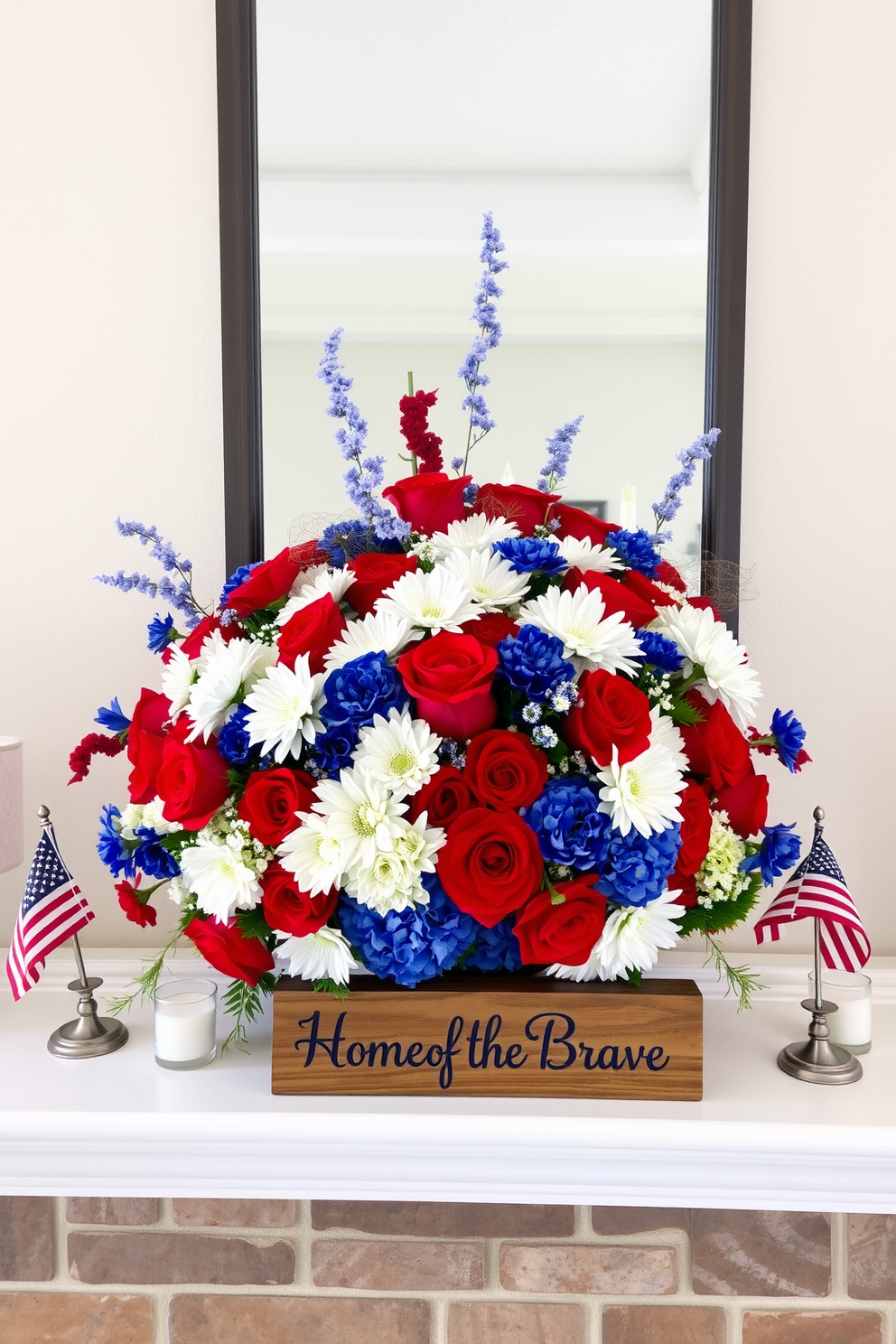 A vibrant red white and blue floral arrangement sits elegantly on the mantel, celebrating the spirit of Independence Day. The arrangement features a mix of fresh daisies roses and hydrangeas creating a festive and patriotic atmosphere. Surrounding the flowers are small decorative elements like star-shaped candles and miniature American flags. The mantel is adorned with a rustic wooden sign that reads Home of the Brave adding to the overall charm of the decor.