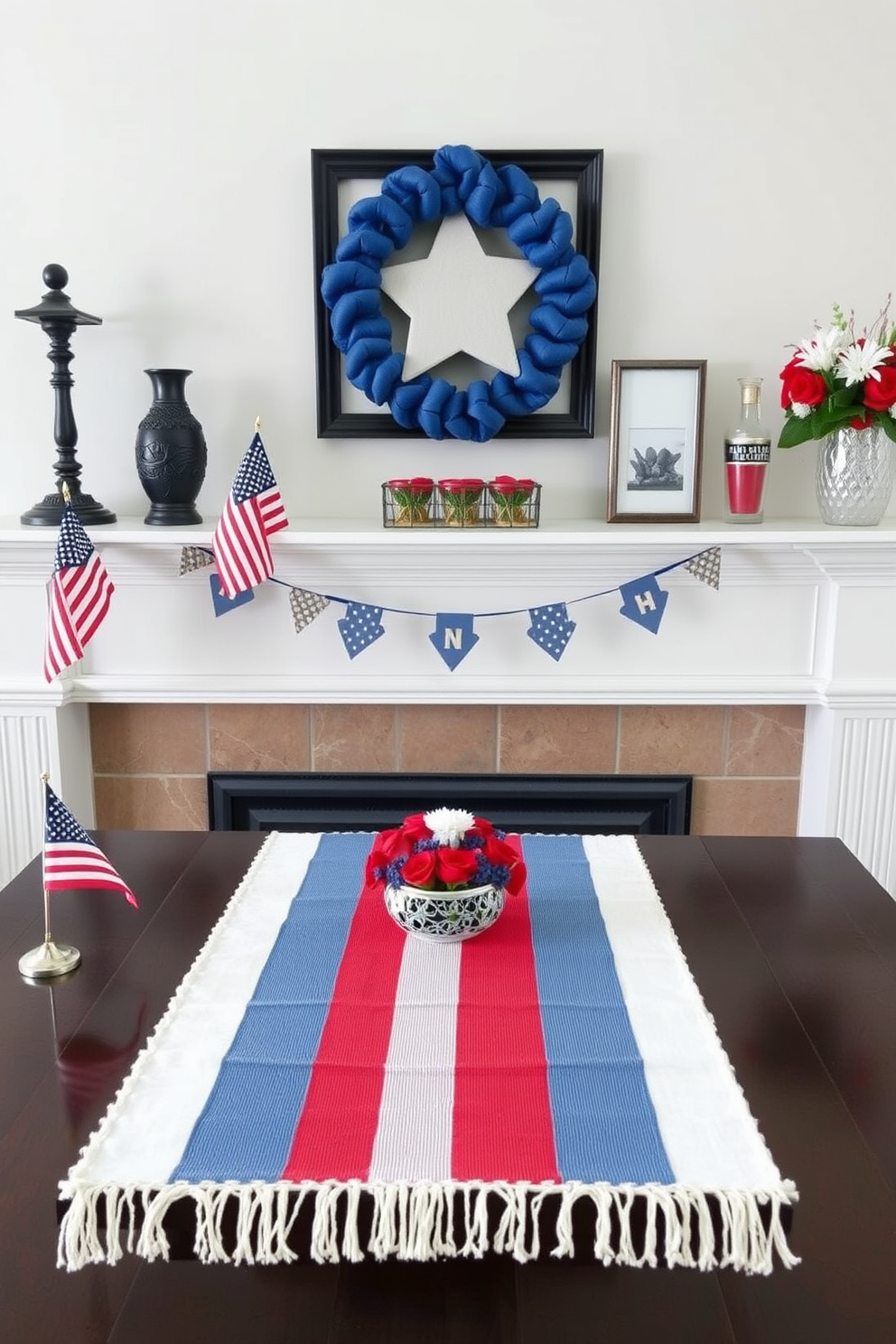 A festive mantel decorated for Independence Day features a vibrant red white and blue table runner that stretches across the surface. Flanking the runner are decorative elements such as small American flags and seasonal floral arrangements in red white and blue hues.