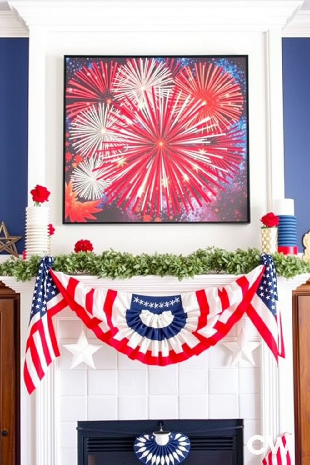 A patriotic wreath made of red white and blue flowers hangs gracefully above the mantel. The mantel is adorned with small American flags and candles in glass holders to celebrate Independence Day.