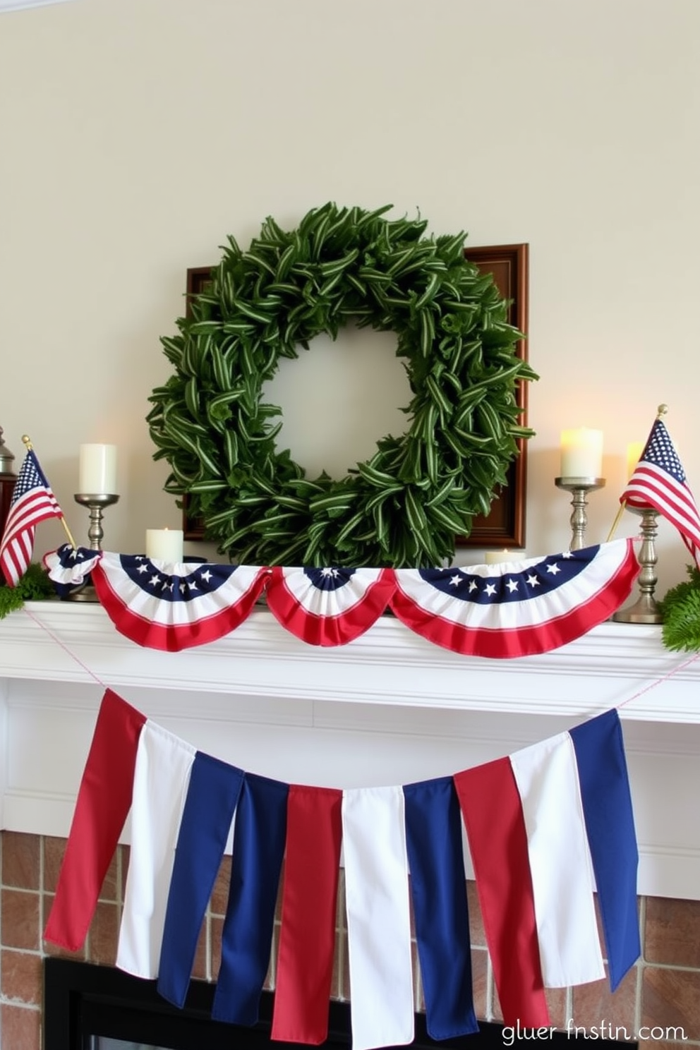 A festive mantel arrangement featuring red blue and white lanterns in varying heights. The lanterns are interspersed with small American flags and seasonal greenery to create a patriotic atmosphere.