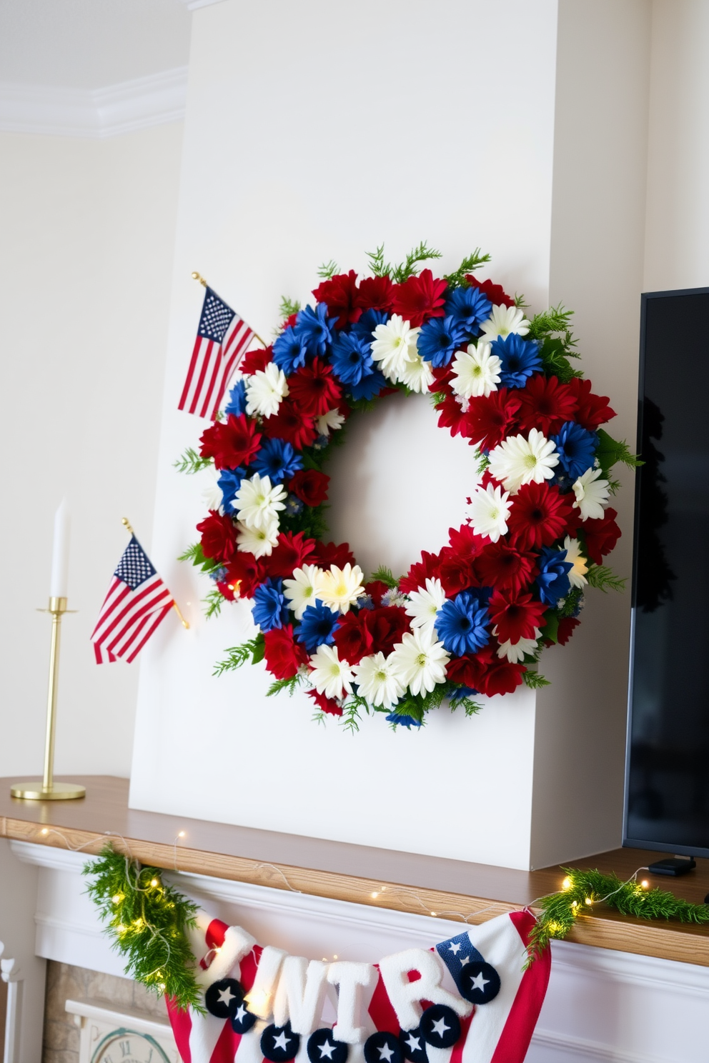 A festive mantel adorned with a wreath made of vibrant red, white, and blue flowers. The wreath is complemented by small American flags and twinkling fairy lights, creating a patriotic ambiance for Independence Day celebrations.