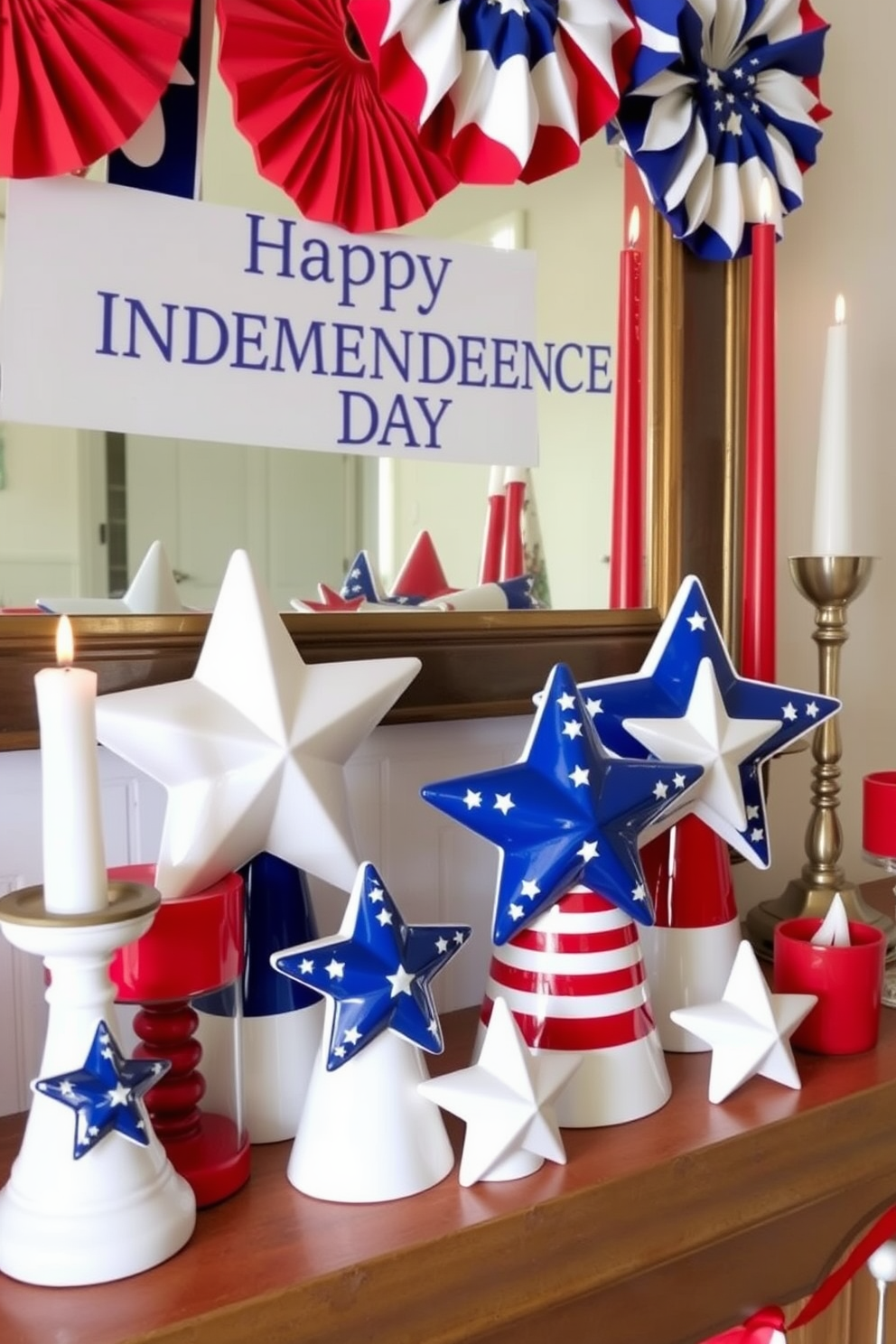 A festive mantel display celebrating Independence Day features ceramic stars and stripes figurines in various sizes. The figurines are arranged alongside red, white, and blue candles, creating a vibrant and patriotic atmosphere.