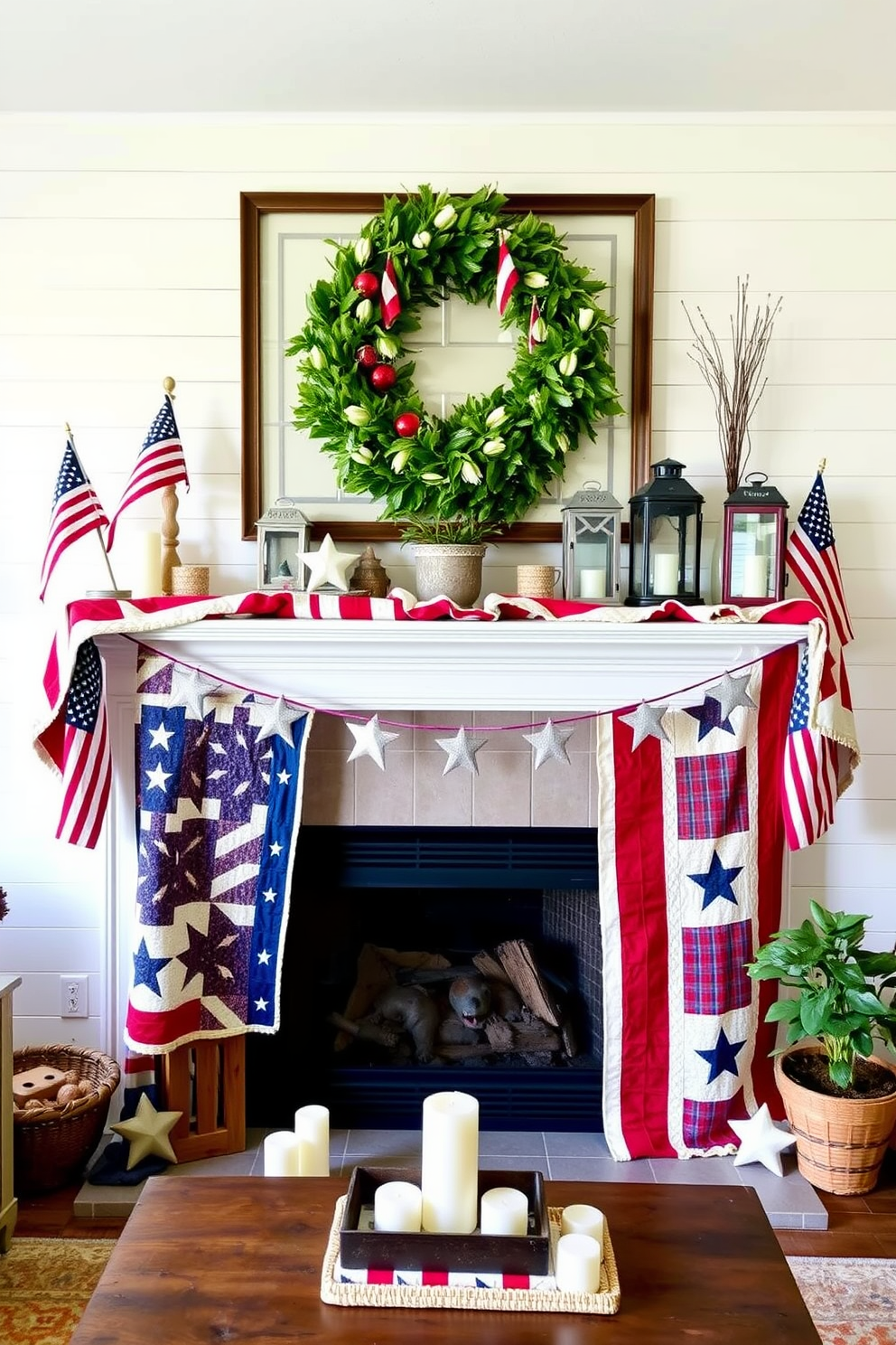 A cozy living room scene featuring a beautifully decorated mantel for Independence Day. The mantel is adorned with layered patriotic quilts in red, white, and blue, creating a warm and inviting atmosphere. On the mantel, there are decorative elements such as small American flags, vintage lanterns, and a collection of star-shaped candles. A backdrop of soft white shiplap enhances the rustic charm, while a potted plant adds a touch of greenery to the festive display.