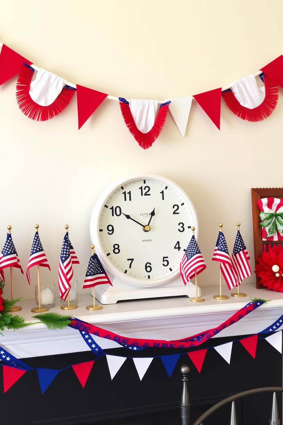 A festive mantel decorated for Independence Day features colorful paper fans in vibrant red, white, and blue hues. The mantel is adorned with small American flags and seasonal decor that adds a cheerful touch to the celebration.