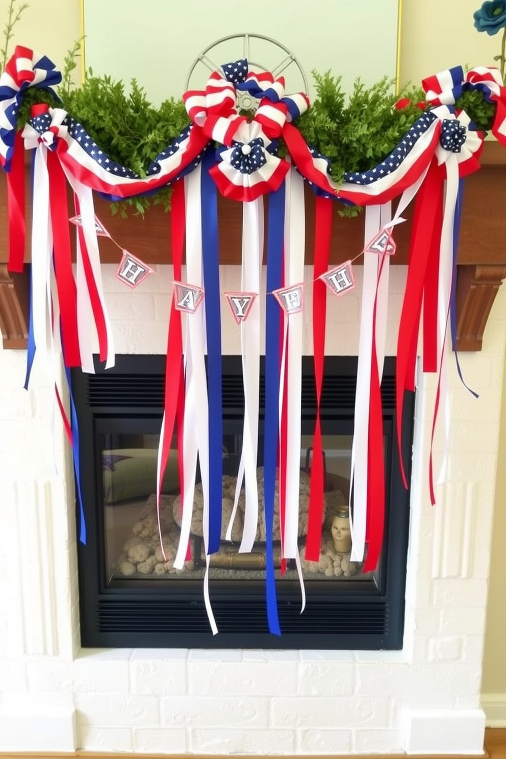 A charming mantel decorated for Independence Day features a collection of vintage postcards showcasing iconic American symbols and celebrations. The mantel is adorned with red white and blue accents including small flags and fresh flowers in a rustic vase.