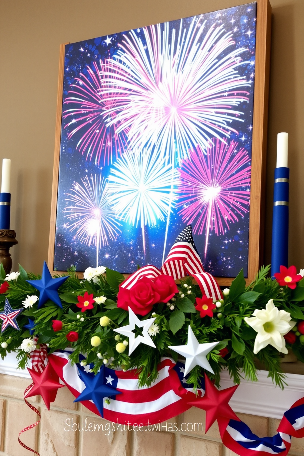 Firecracker inspired decorative items create a festive atmosphere for Independence Day. Incorporate vibrant red, white, and blue colors with star motifs to enhance the celebratory theme. Display a collection of miniature firecracker replicas alongside patriotic banners on the mantel. Use decorative candles in varying heights to add warmth and a cozy touch to the festive decor.