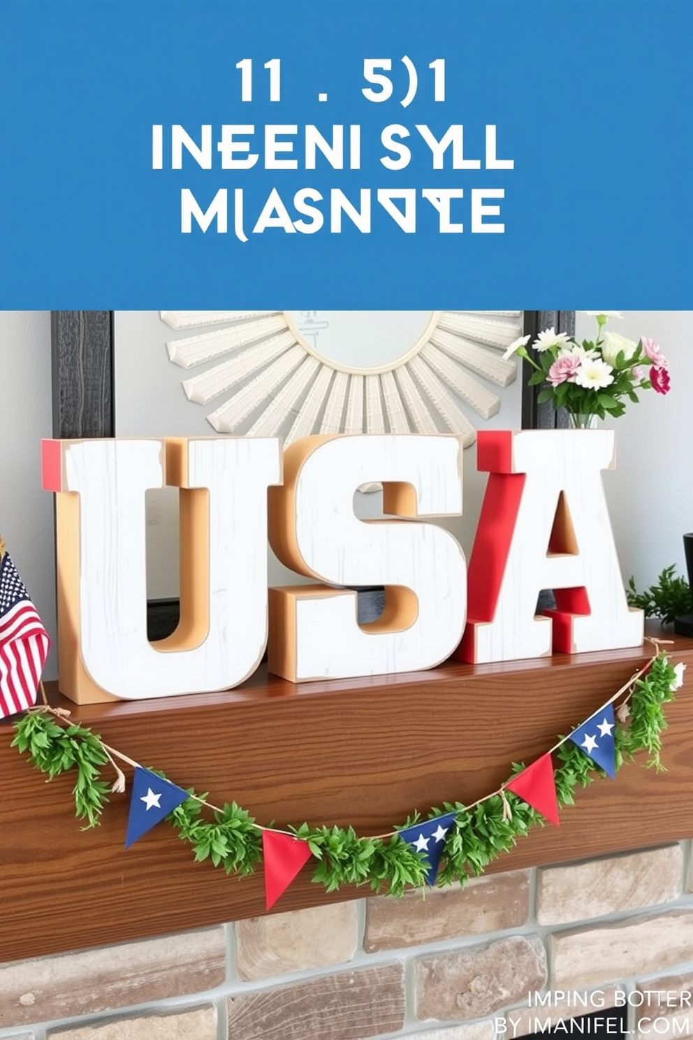 A festive mantel decorated for Independence Day features wooden blocks spelling USA in bold letters. The blocks are arranged on a rustic wooden mantel, surrounded by red, white, and blue accents like small flags and seasonal flowers.