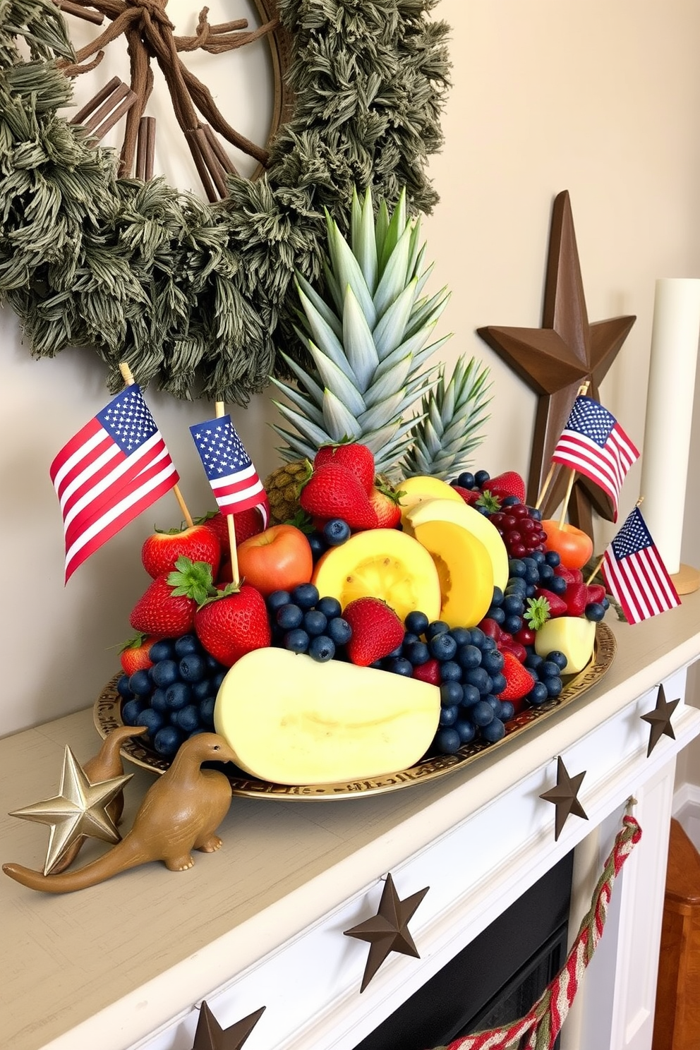 A vibrant seasonal fruit display featuring red, white, and blue fruits arranged artfully on a decorative platter. The mantel is adorned with small American flags and rustic stars, enhancing the festive atmosphere.