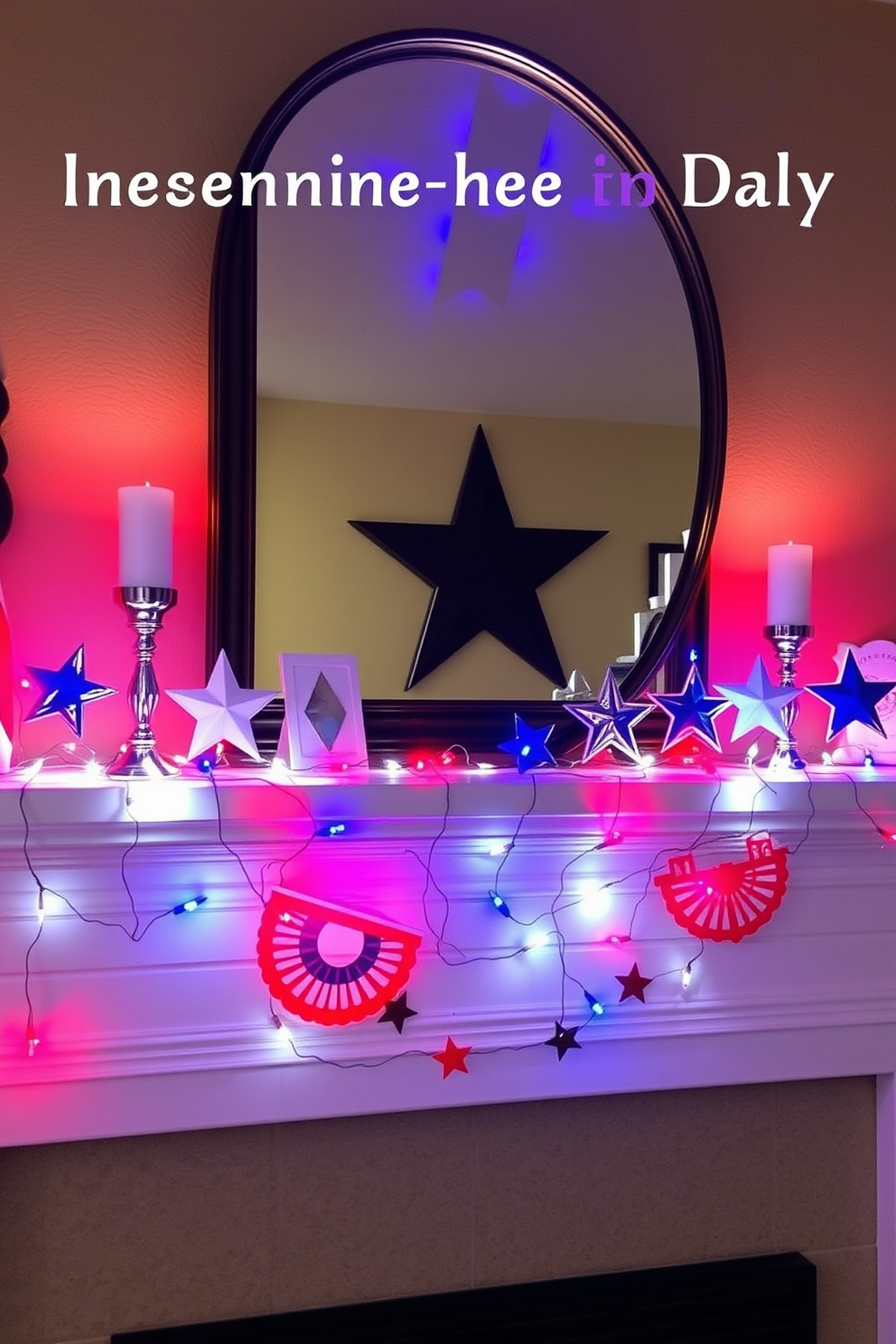 Create a festive mantel display for Independence Day featuring string lights in red, white, and blue. The arrangement includes decorative elements like stars and stripes, with the lights elegantly draped across the mantel for a celebratory atmosphere.