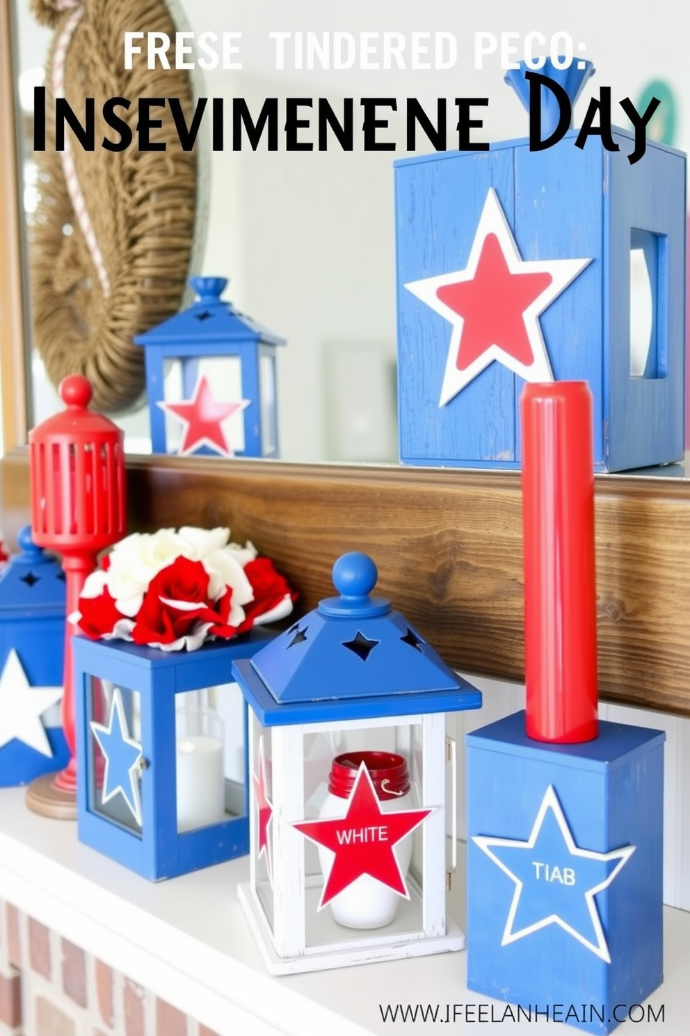 A festive mantel adorned with hanging paper lanterns in red, white, and blue colors to celebrate Independence Day. The lanterns are arranged at varying heights, creating a playful and vibrant atmosphere above a rustic wooden mantel.