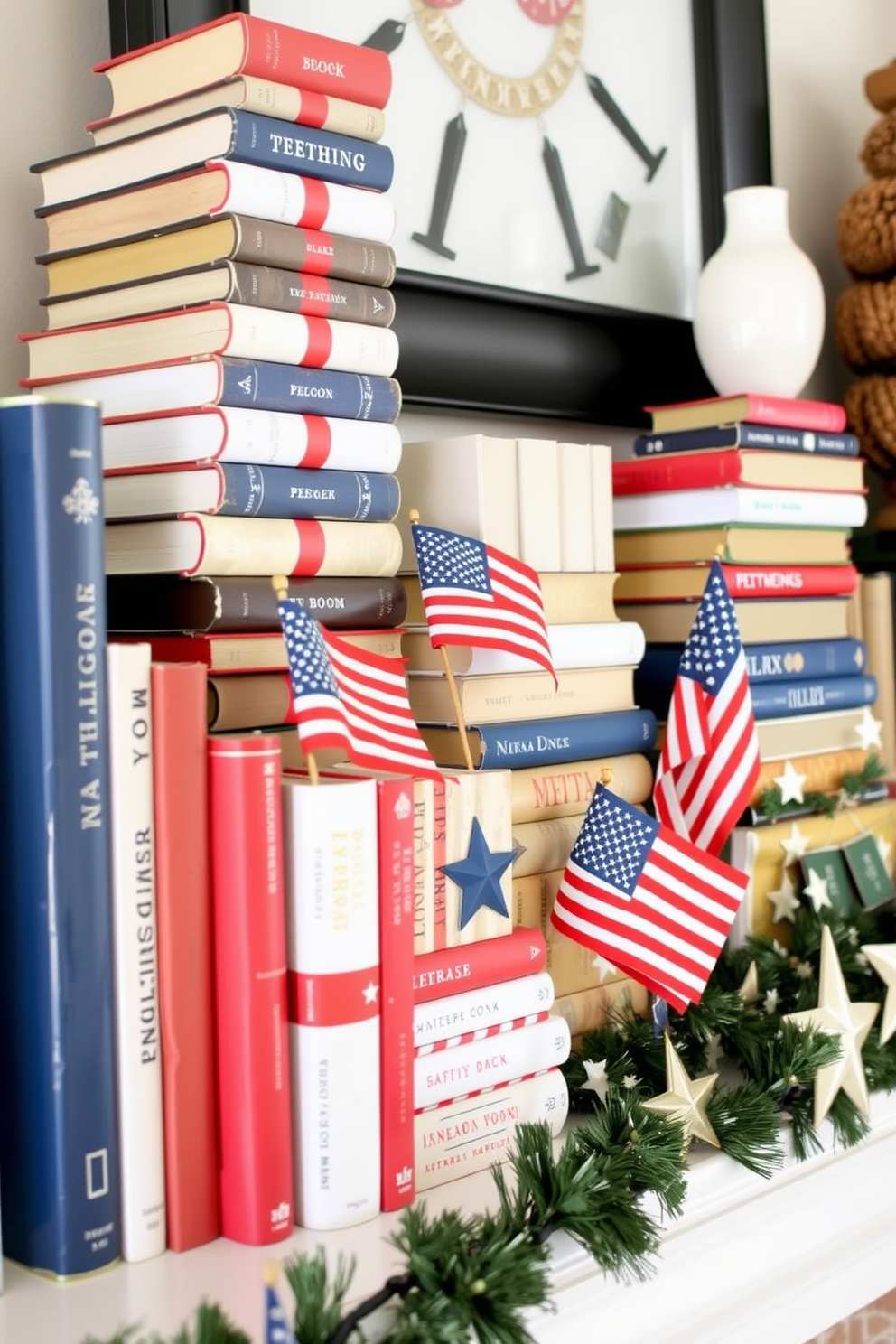 A patriotic themed mantel features an array of books stacked decoratively in red white and blue colors. Vintage American flags are interspersed among the books alongside small decorative stars and a festive garland.