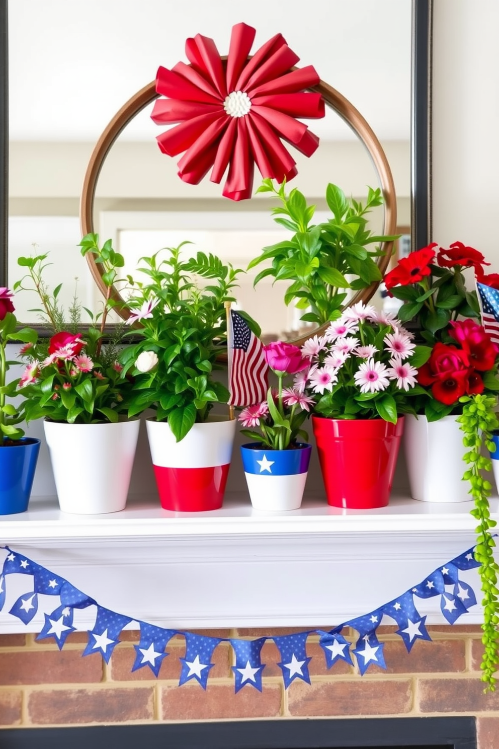 A festive mantel decorated for Independence Day featuring potted plants in vibrant red white and blue pots. The arrangement includes various sizes of pots with lush greenery and seasonal flowers, creating a cheerful and patriotic atmosphere.