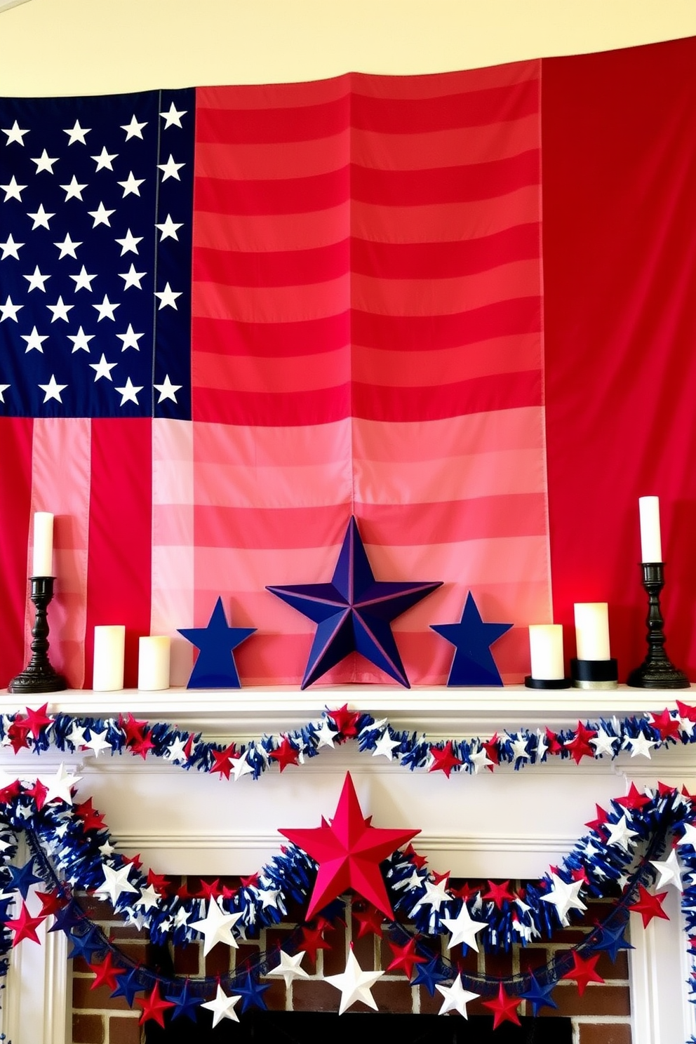 A large American flag serves as a striking backdrop for your Independence Day mantel display. The mantel is adorned with red white and blue decorations including star shaped garlands and festive candles.